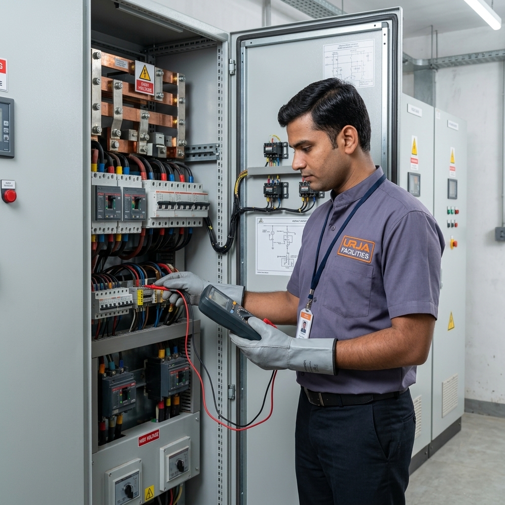 Urja Facility electrical engineer in branded #606581 bandhgala uniform inspecting electrical distribution panel for industrial clients in Indore