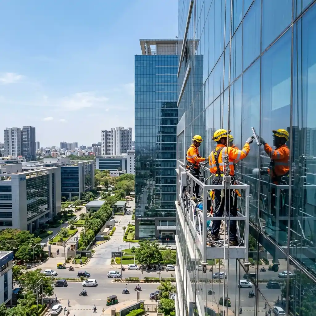 Safety protocols for facade cleaning in action at a high-rise corporate building, featuring professionals using rope access gear.