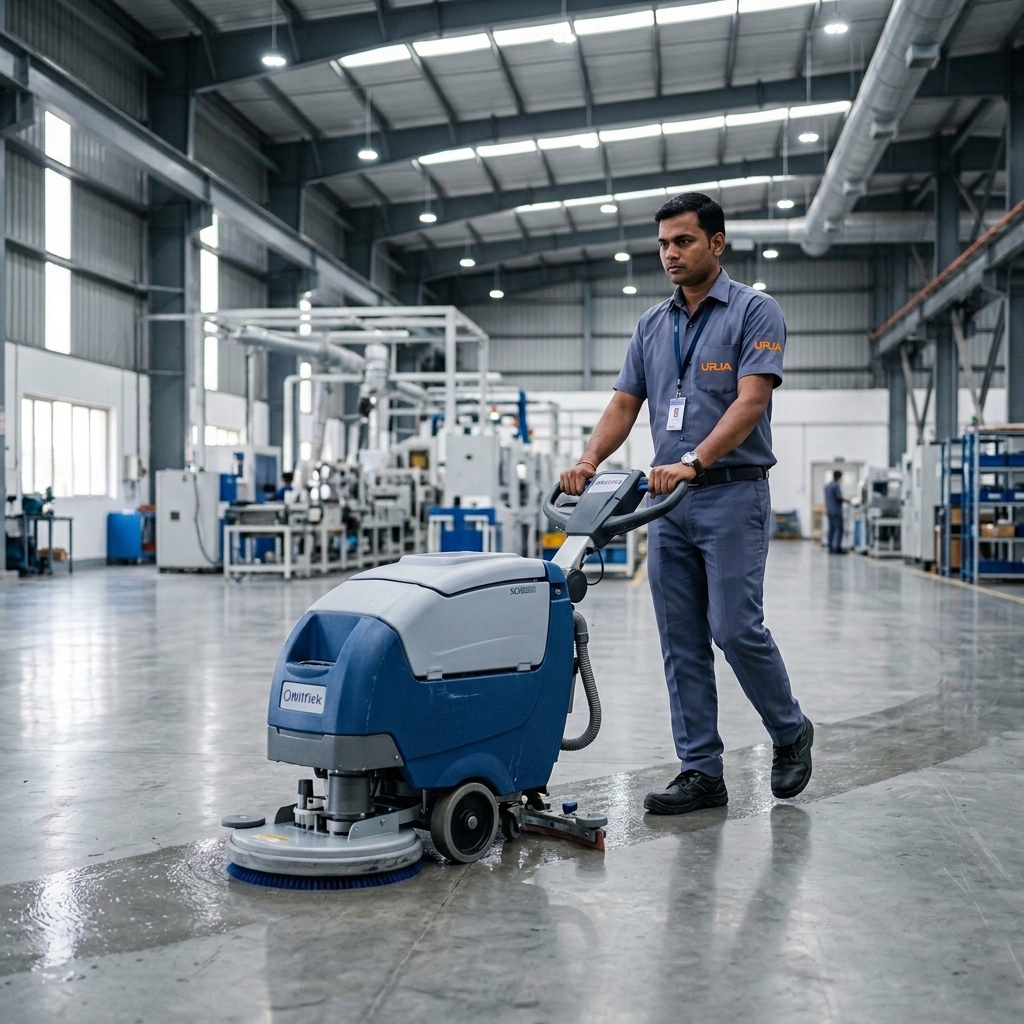 An Indian Urja Facility worker in grey-blue uniform operating a floor scrubber machine inside a manufacturing plant, representing professional factory housekeeping services.