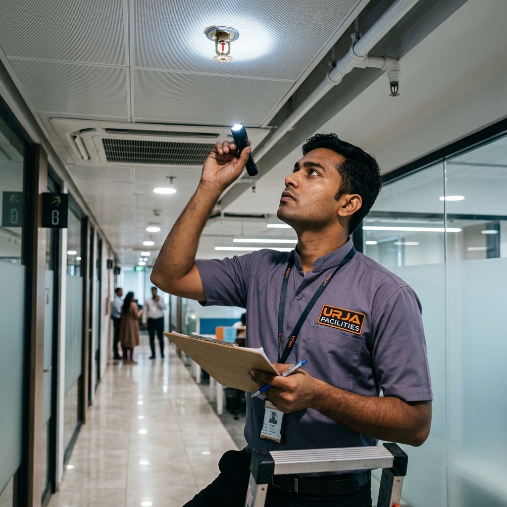 Urja Facility fire safety technician in branded #606581 bandhgala uniform inspecting fire safety systems and sprinklers for compliance in commercial building, Indore
