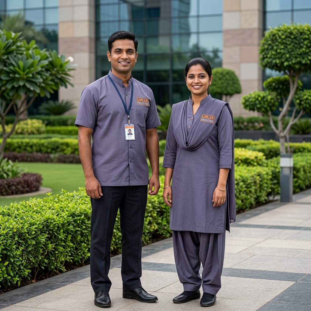 Integrated facility management advantage — Urja Facility team in branded #606581 uniforms combining landscaping with pest control and hard technical services for B2B clients