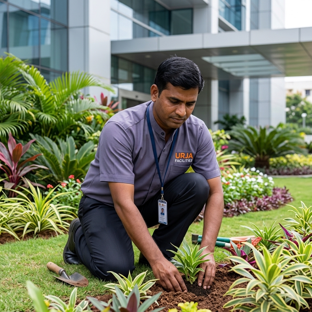 Urja Facility horticulturist in branded #606581 bandhgala uniform designing and installing corporate campus garden for B2B clients in Indore
