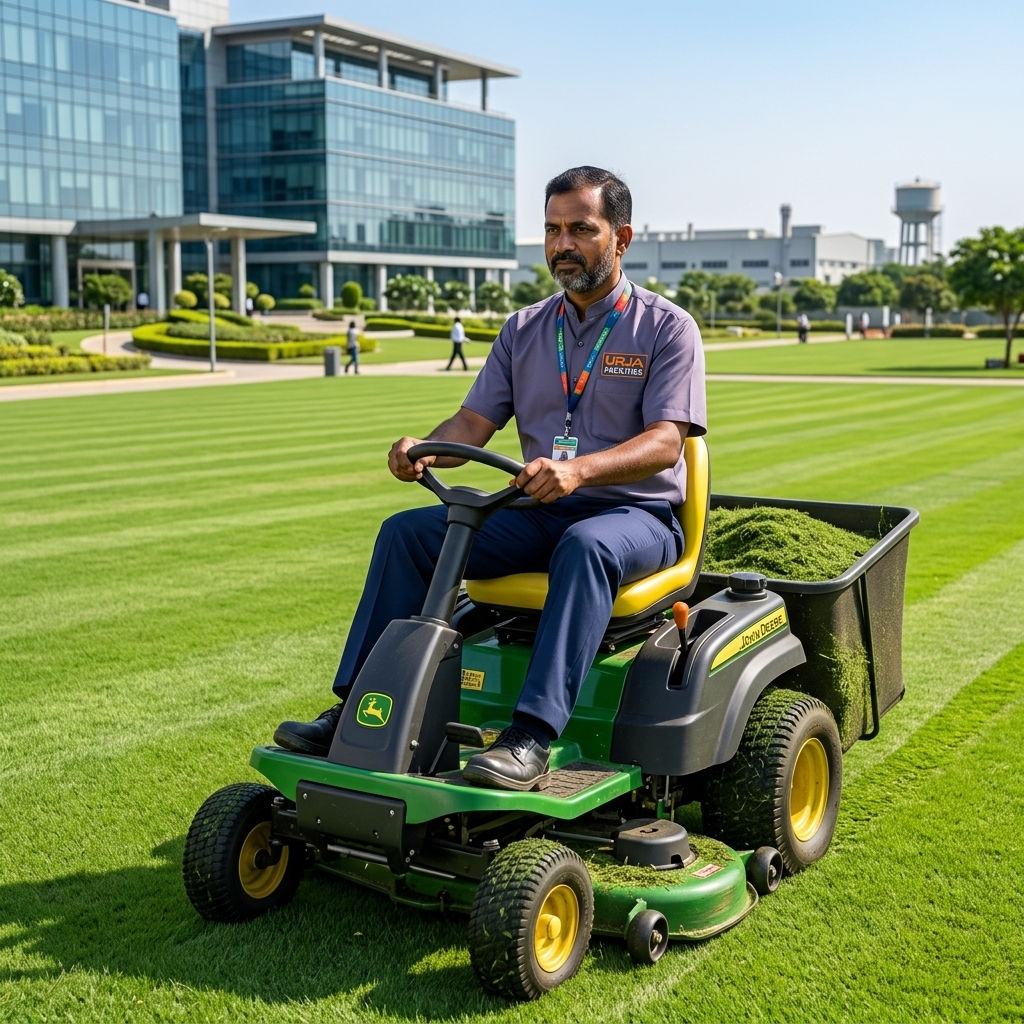 Urja Facility gardener in branded #606581 bandhgala uniform mowing and maintaining commercial lawn for annual landscaping contract in Indore