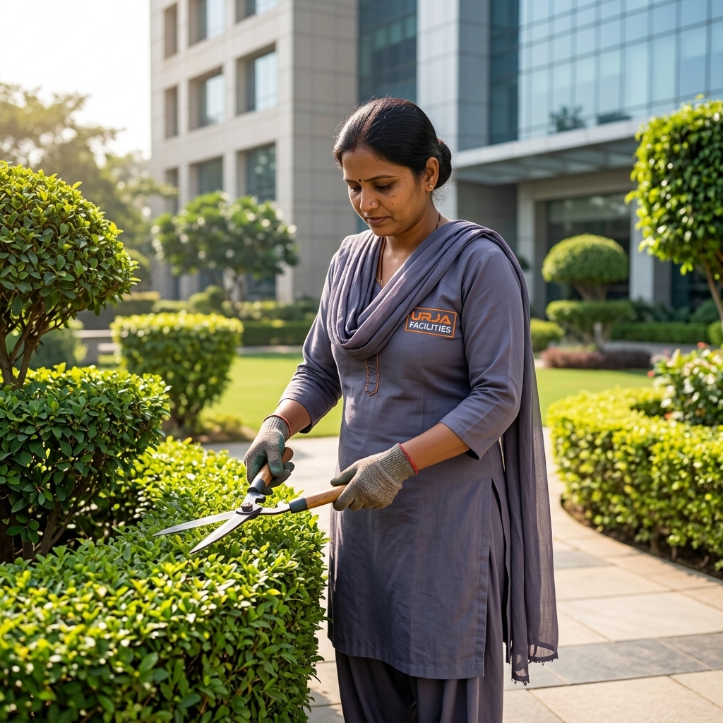Urja Facility woman horticulturist in branded #606581 salwar suit uniform pruning and caring for plants at industrial campus garden in Indore
