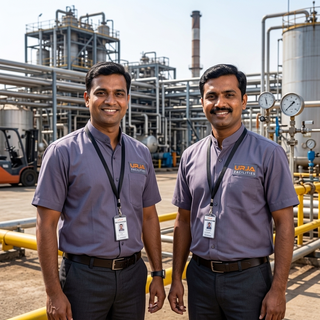 Benefits of Urja Facility hard technical services AMC — engineers in branded #606581 bandhgala uniforms, preventive maintenance, fast response for Indore industries