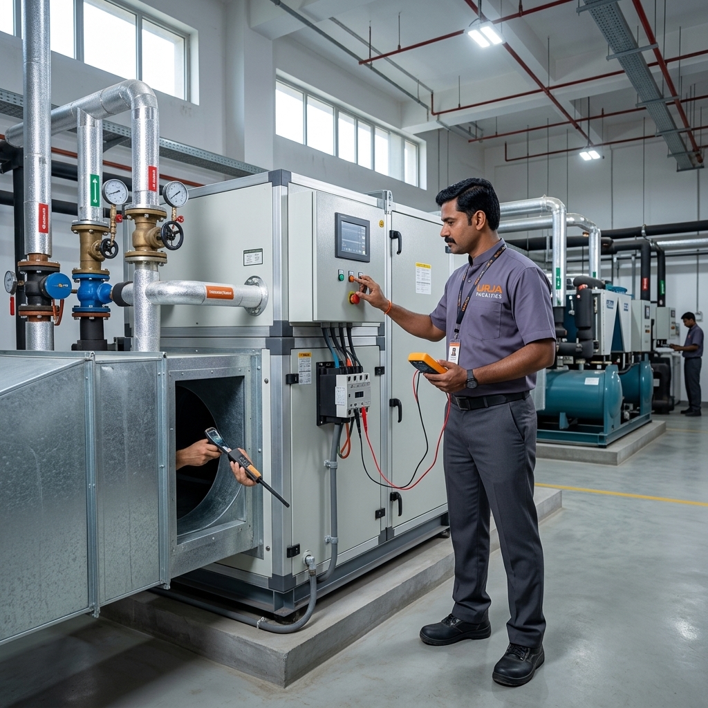 Urja Facility HVAC engineer in branded #606581 bandhgala uniform performing HVAC system maintenance in Indore facility