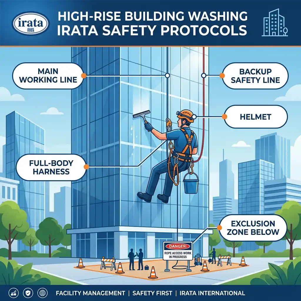 Diagram illustrating high-rise building washing IRATA safety protocols, showing a worker with a main working line, backup safety line, full-body harness, and an exclusion zone.