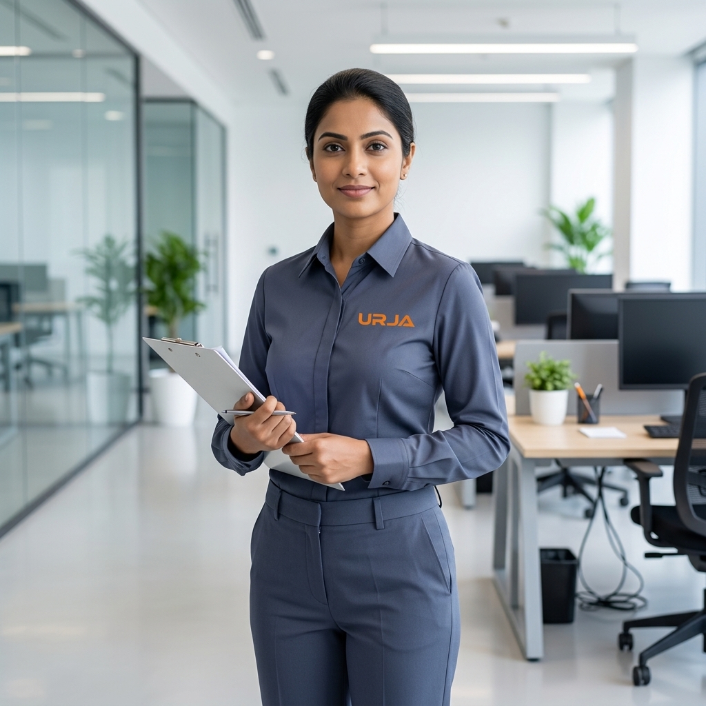 Indian facility manager in Urja uniform holding a housekeeping checklist clipboard inside a modern IT company office in Madhya Pradesh, representing corporate office cleaning AMC services.