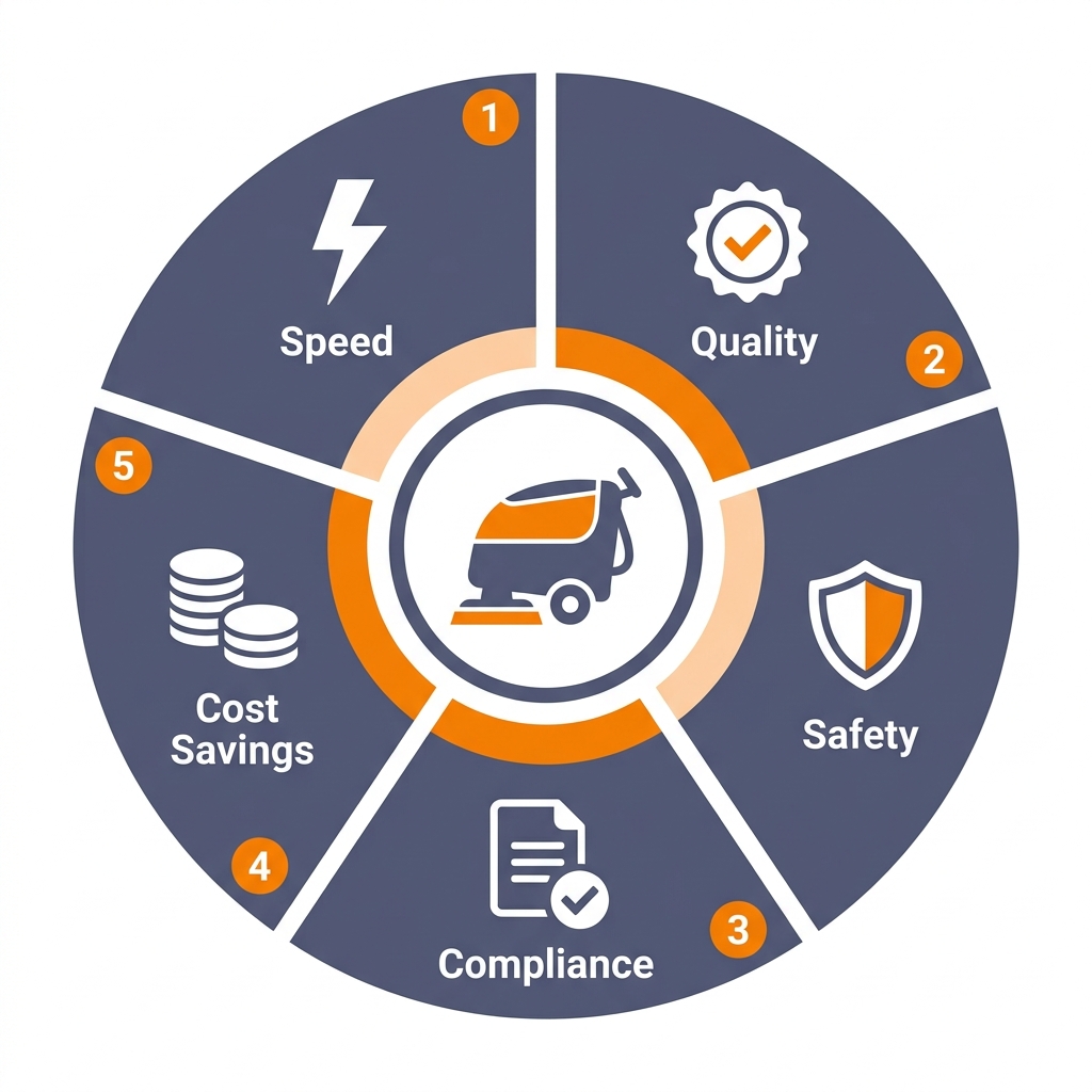 A circular 5-segment infographic showing the benefits of industrial machine cleaning: Speed, Quality, Safety, Compliance, and Cost Savings, in Urja brand colours.