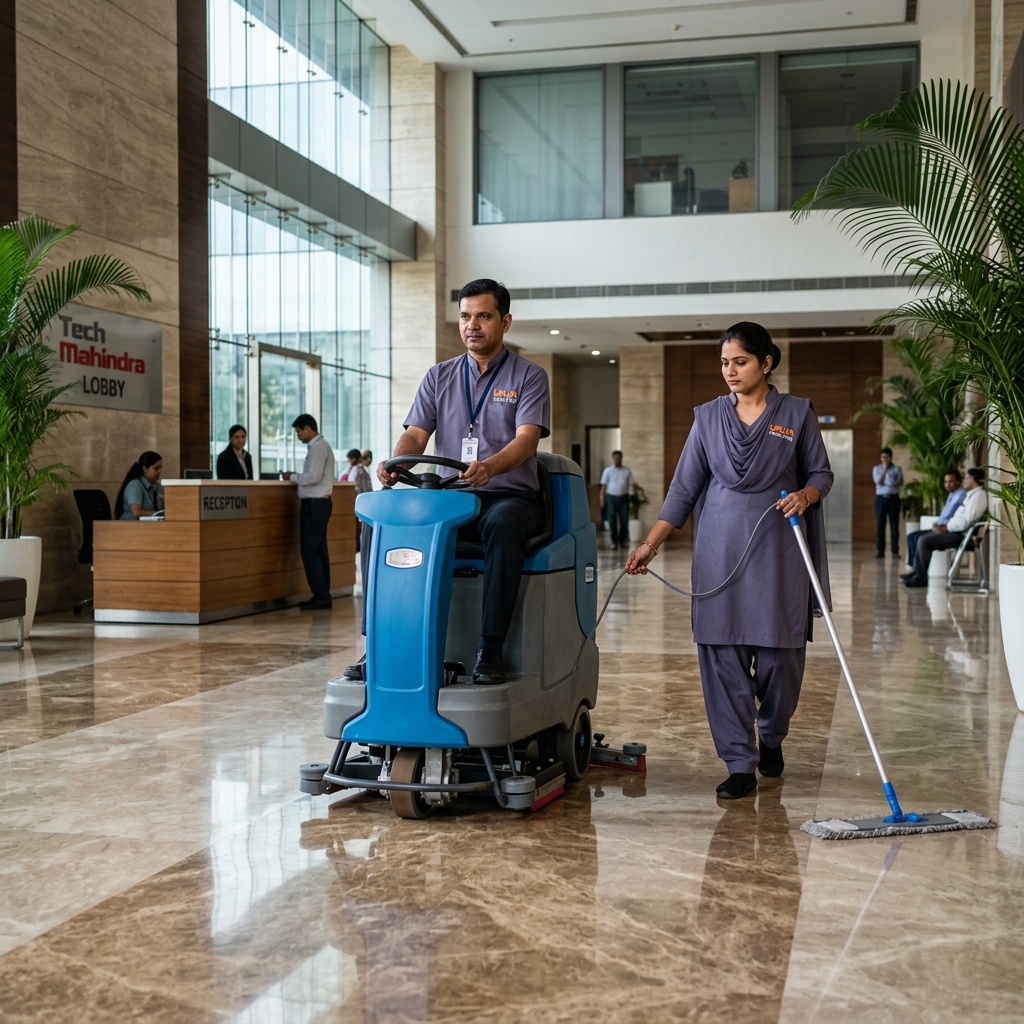 Urja Facility mechanized floor maintenance team in branded #606581 uniforms, corporate office lobby, Indore