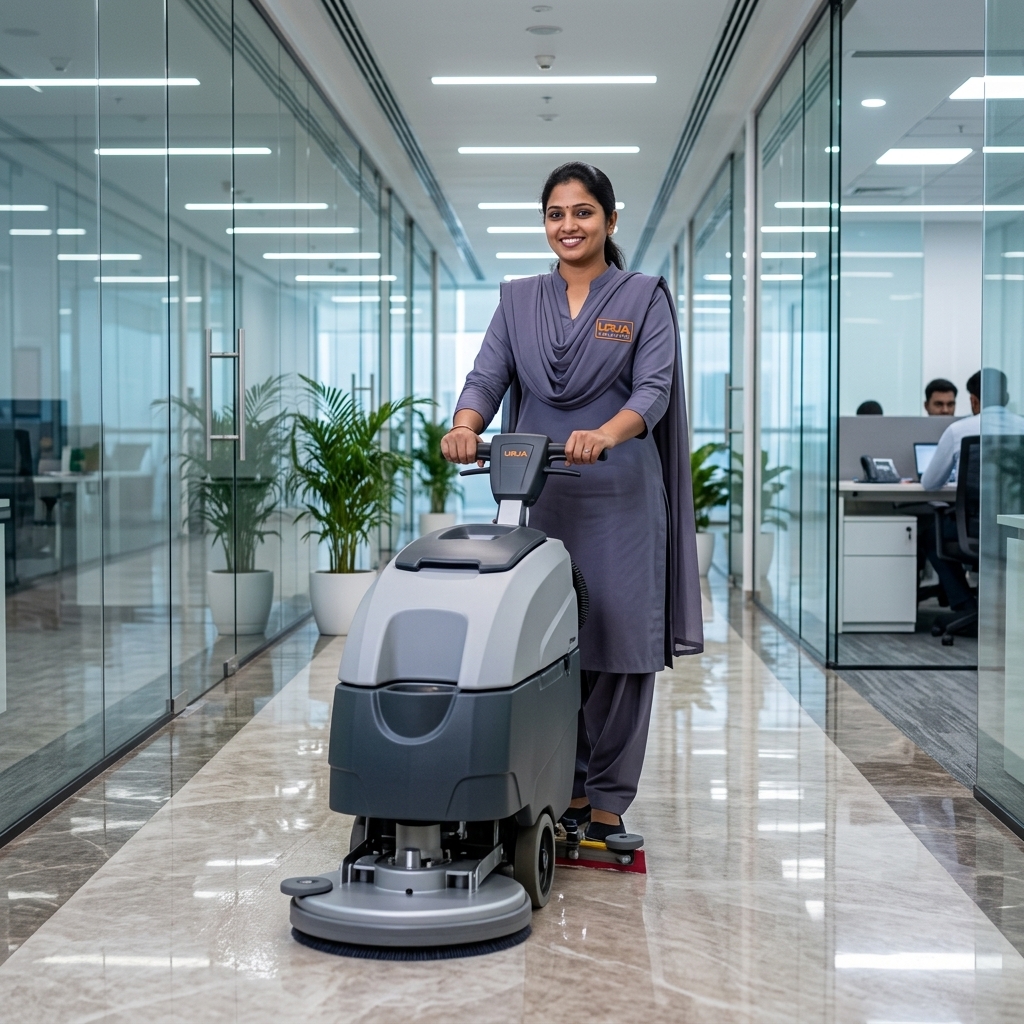 Urja Facility professional woman in branded #606581 salwar suit uniform operating floor scrubber in Indore