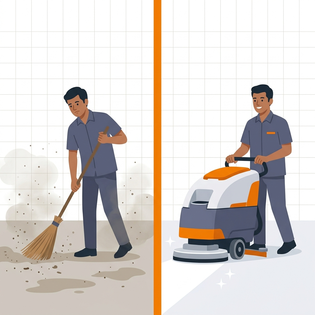 Split-panel comparison illustration showing an Indian Urja worker manually sweeping a dusty factory floor on the left versus operating a modern floor scrubber machine on the right.