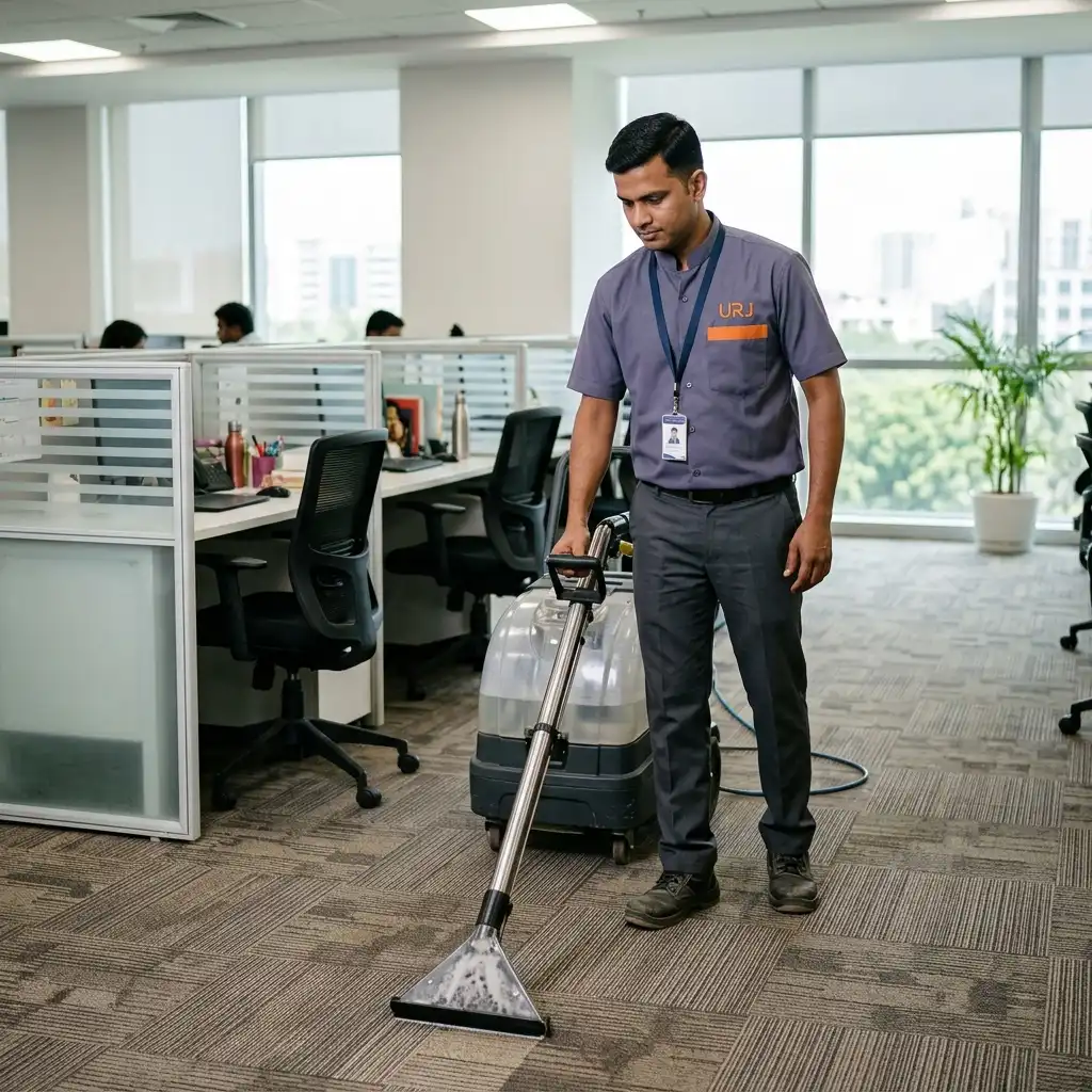 Carpet shampooing and hot water extraction by Urja Facility team in India