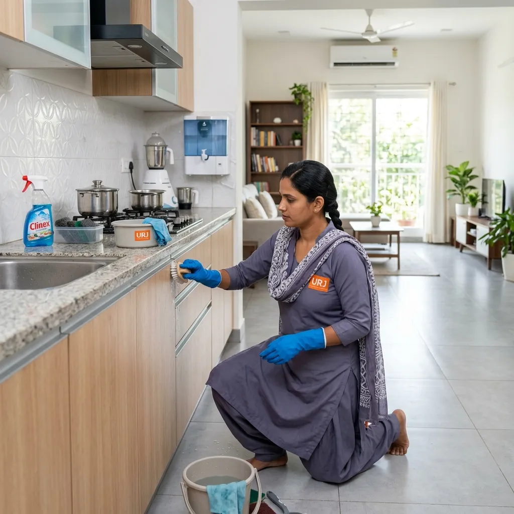 Full house deep cleaning and floor scrubbing by Urja Facility team in India