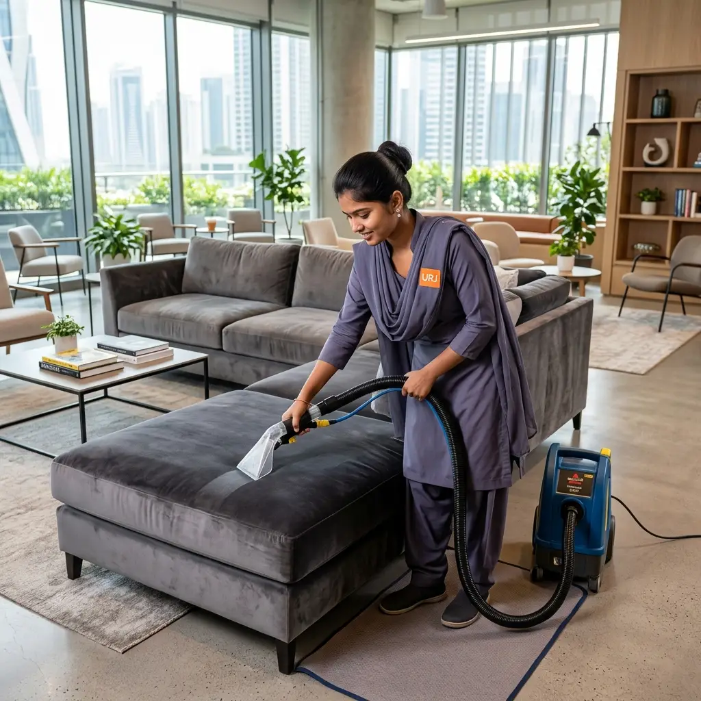 Professional sofa shampooing and upholstery extraction cleaning by Urja Facility team in India