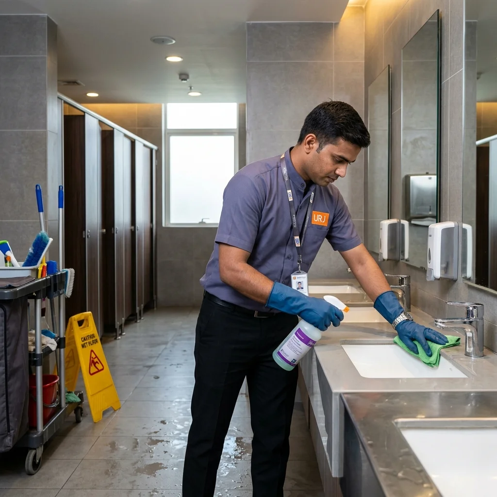 Washroom deep cleaning and sanitisation by Urja Facility staff
