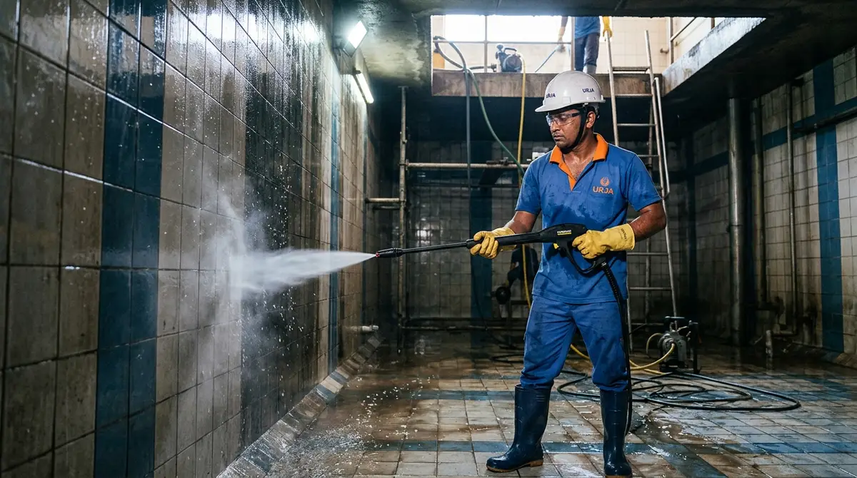 Mechanised underground water tank cleaning by Urja Facility technician using high pressure jet sprayer in India