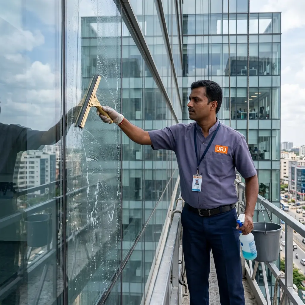 High-rise building glass facade cleaning by certified Urja Facility technician