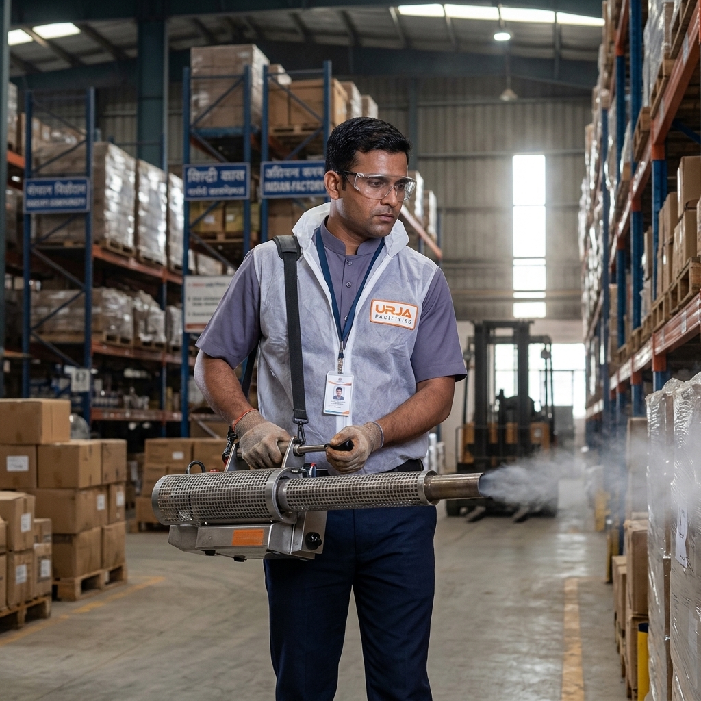 Urja Facility industrial warehouse pest control technician in branded #606581 bandhgala uniform, Indore