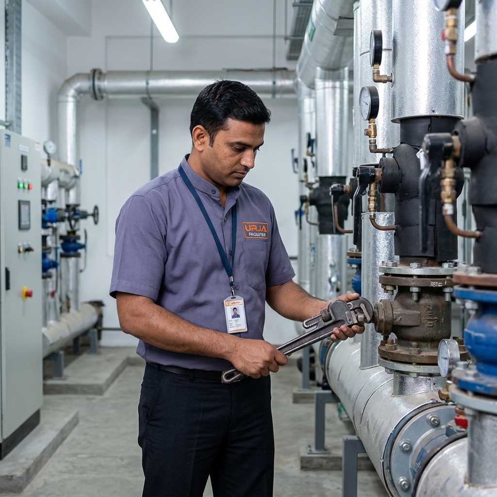 Urja Facility plumbing technician in branded #606581 bandhgala uniform maintaining industrial plumbing and water systems under AMC contract in Indore