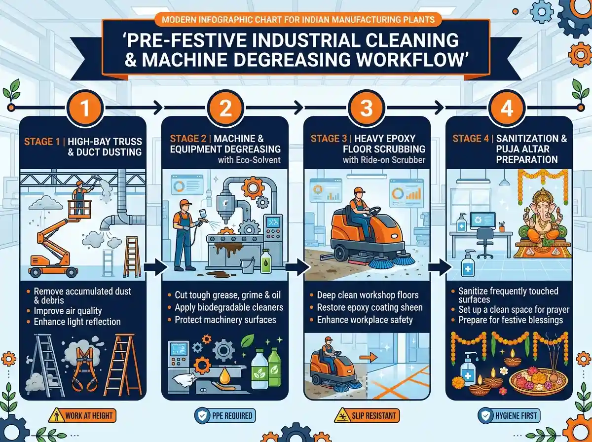 pre festive industrial cleaning and machine degreasing workflow infographic showing 4 stages