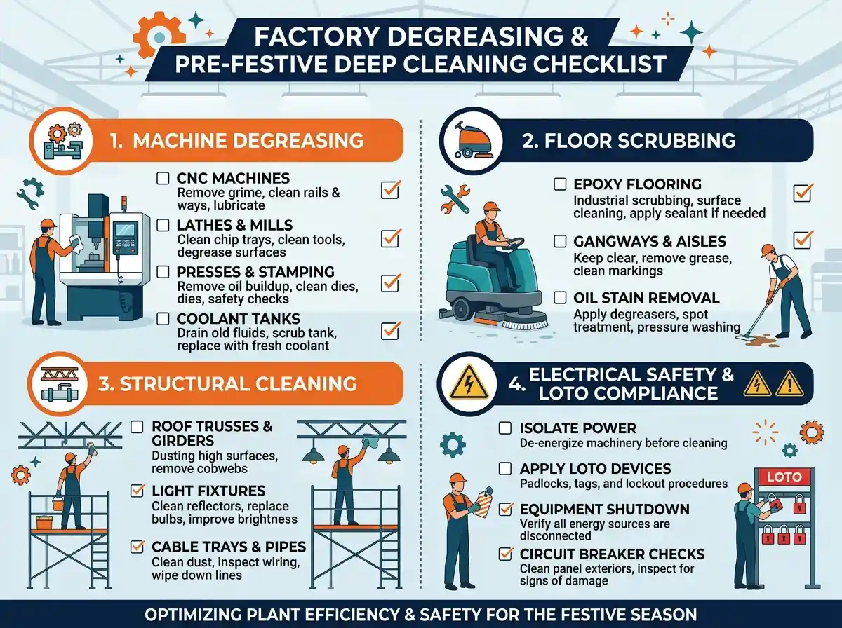 factory degreasing and pre-festive deep cleaning checklist infographic covering machinery, floor, structure and safety