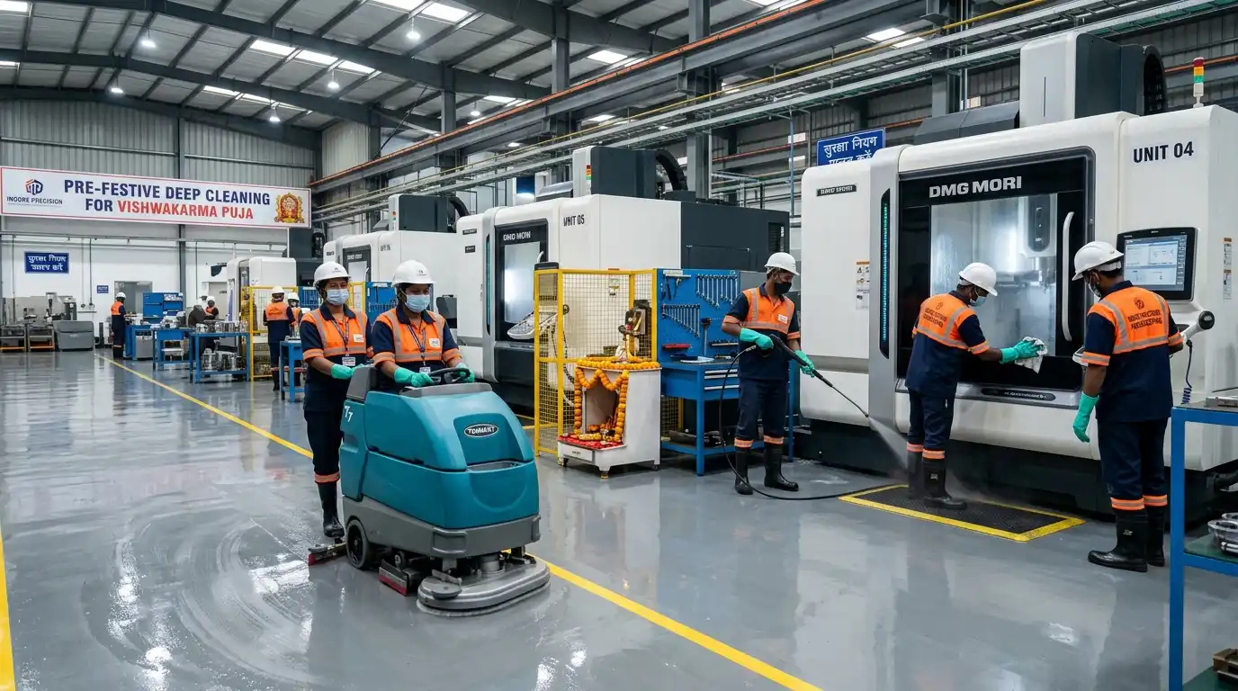 vishwakarma puja industrial cleaning indore team deep scrubbing factory floor and degreasing machinery